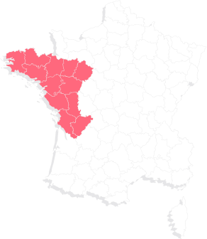 A map of France split into regions highlighting west regions in red.