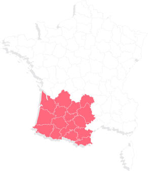 A map of France split into regions highlighting south-west regions in red.