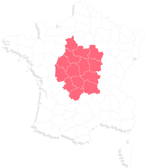A map of France split into regions highlighting central regions in red.