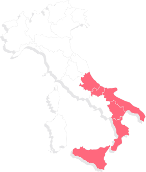 A map of Italy split into regions highlighting south regions in red.