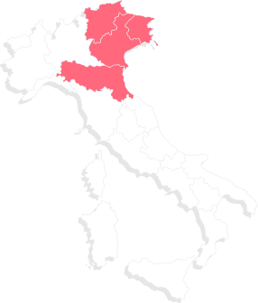 A map of Italy split into regions highlighting north-east regions in red.