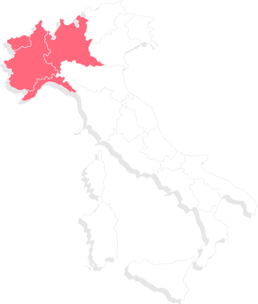 A map of Italy split into regions highlighting north-west regions in red.