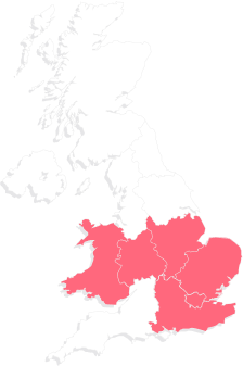 A map of UK split into regions highlighting South-East and Central regions in red.