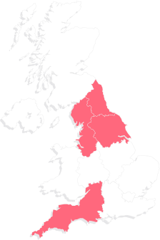 A map of UK split into regions highlighting South-West and Northern regions in red.